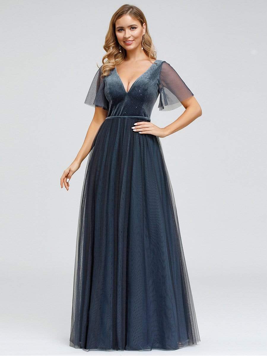 Color=Dusty Navy | Women'S V-Neck Short Sleeve Floor Length Evening Dress-Dusty Navy 1