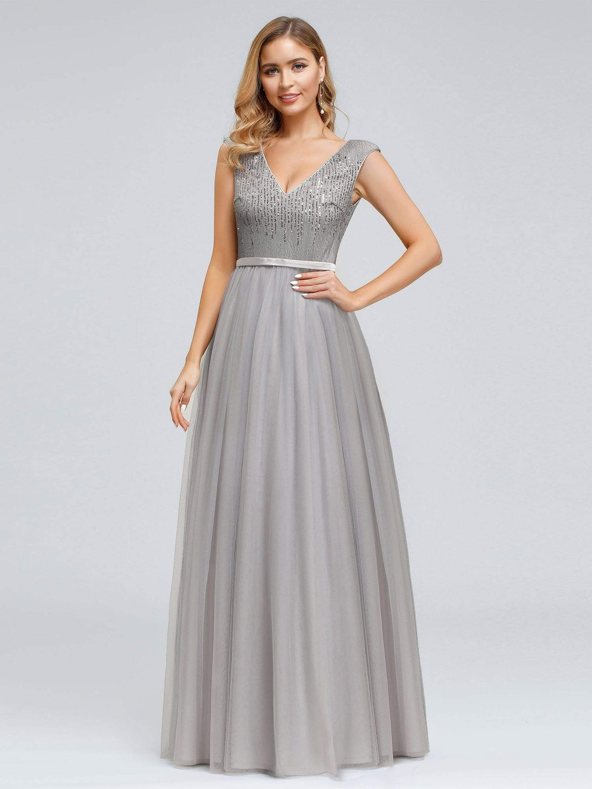 Color=Grey | Women'S Elegant V-Neck Sequin Dress Evening Gowns-Grey 1