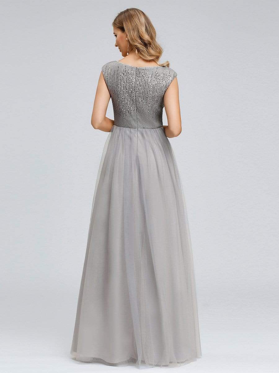 Color=Grey | Women'S Elegant V-Neck Sequin Dress Evening Gowns-Grey 2