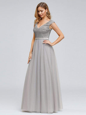 Color=Grey | Women'S Elegant V-Neck Sequin Dress Evening Gowns-Grey 3
