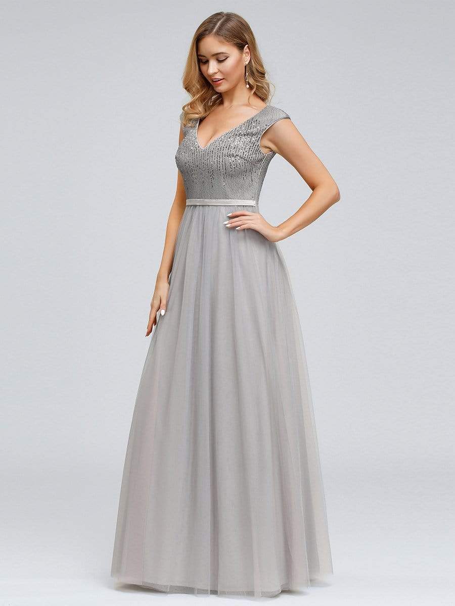 Color=Grey | Women'S Elegant V-Neck Sequin Dress Evening Gowns-Grey 3