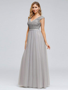 Color=Grey | Women'S Elegant V-Neck Sequin Dress Evening Gowns-Grey 4