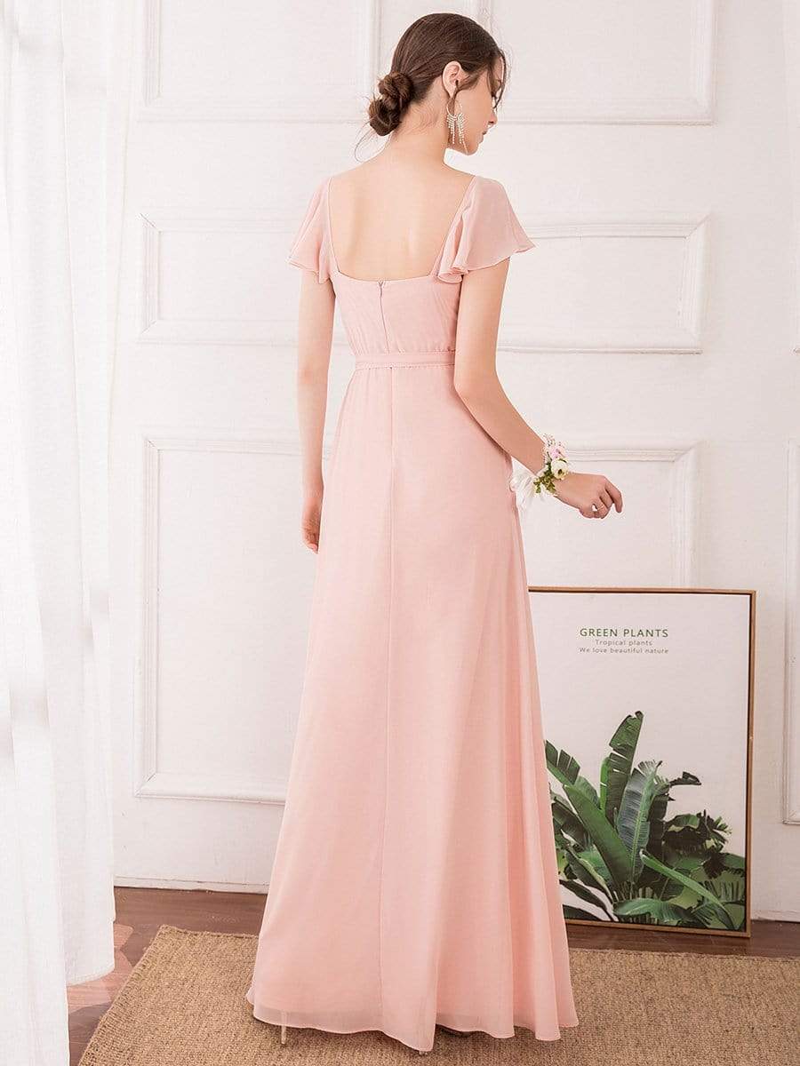 Color=Pink | Women'S Elegant A-Line Ruffles Sleeve Bridesmaid Dress-Pink 2