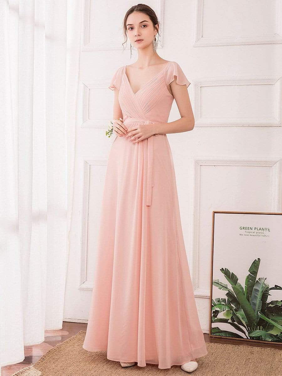 Color=Pink | Women'S Elegant A-Line Ruffles Sleeve Bridesmaid Dress-Pink 4