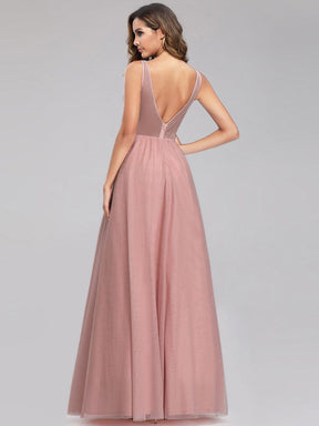 Color=Pink | Women'S V-Neck See-Through Beaded Evening Dress-Pink 5