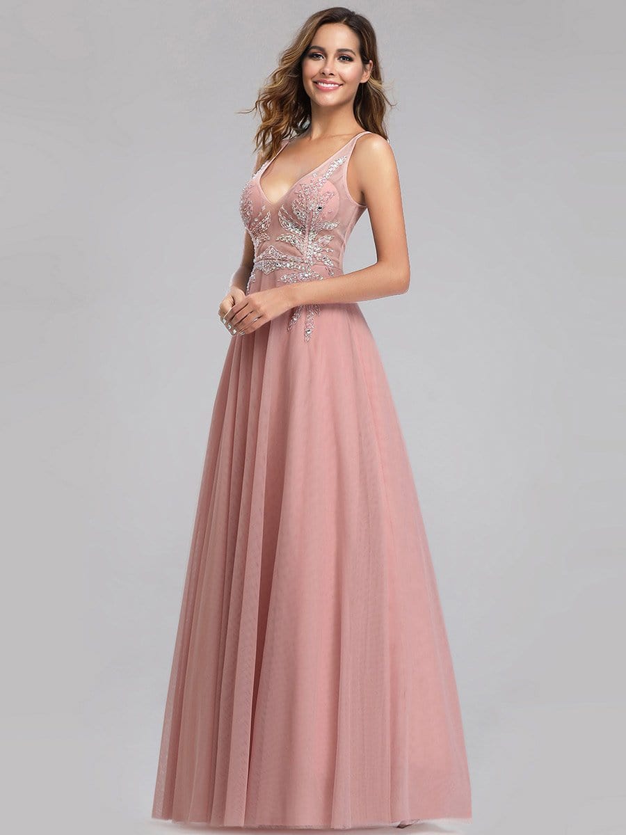 Women's V-Neck See-through Beaded Evening Dress