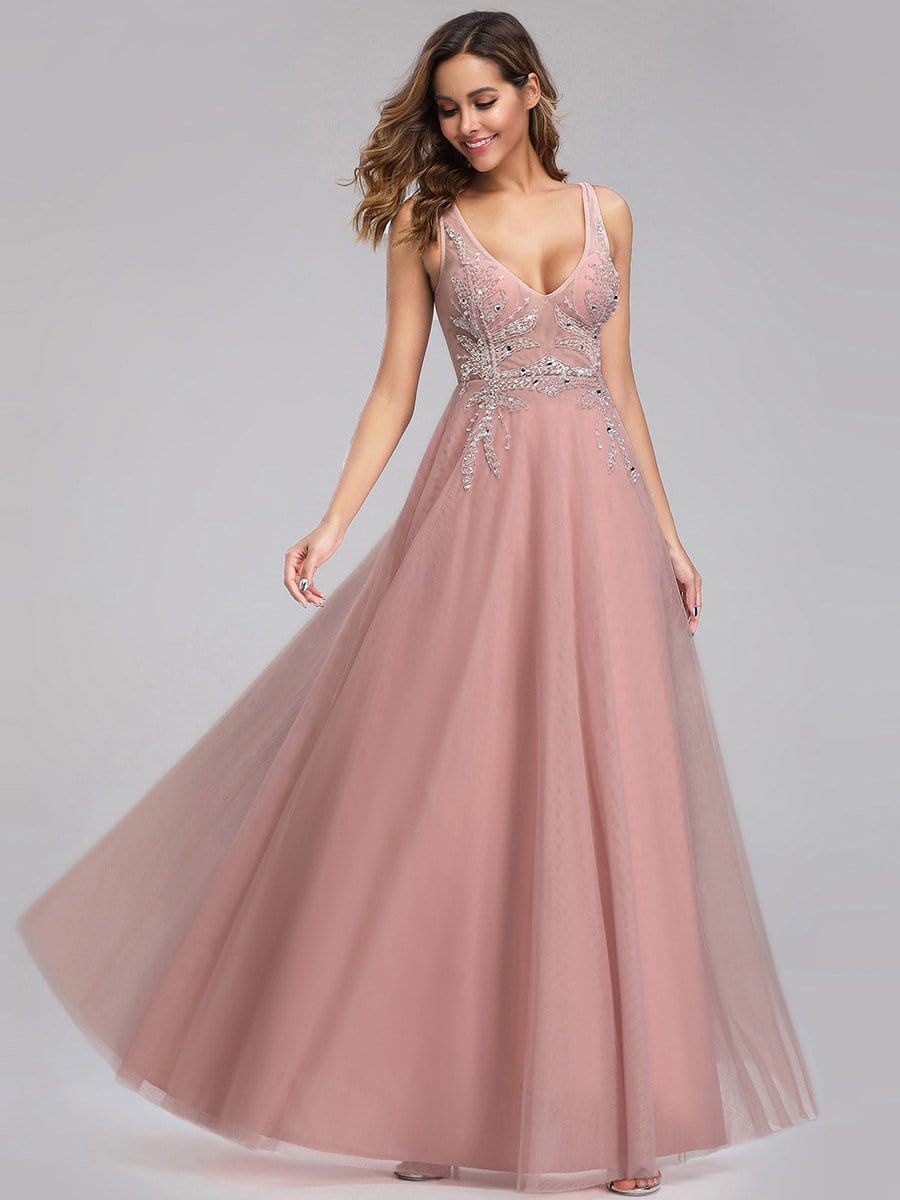 Women's V-Neck See-through Beaded Evening Dress