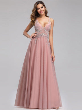 Color=Pink | Women'S V-Neck See-Through Beaded Evening Dress-Pink 4