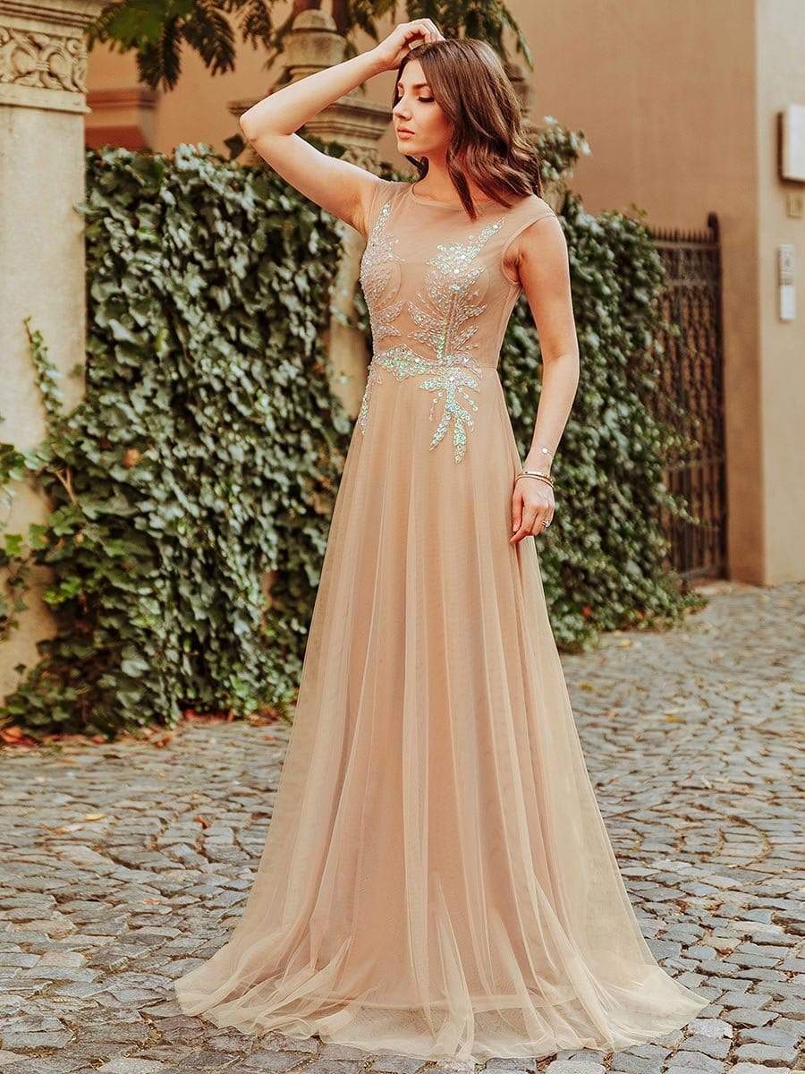 Color=Beige | Women'S A-Line See-Through Cap Sleeve Evening Dress-Beige 6