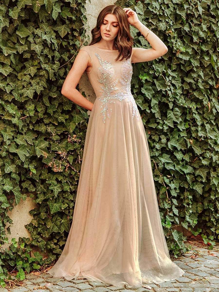 Color=Beige | Women'S A-Line See-Through Cap Sleeve Evening Dress-Beige 7