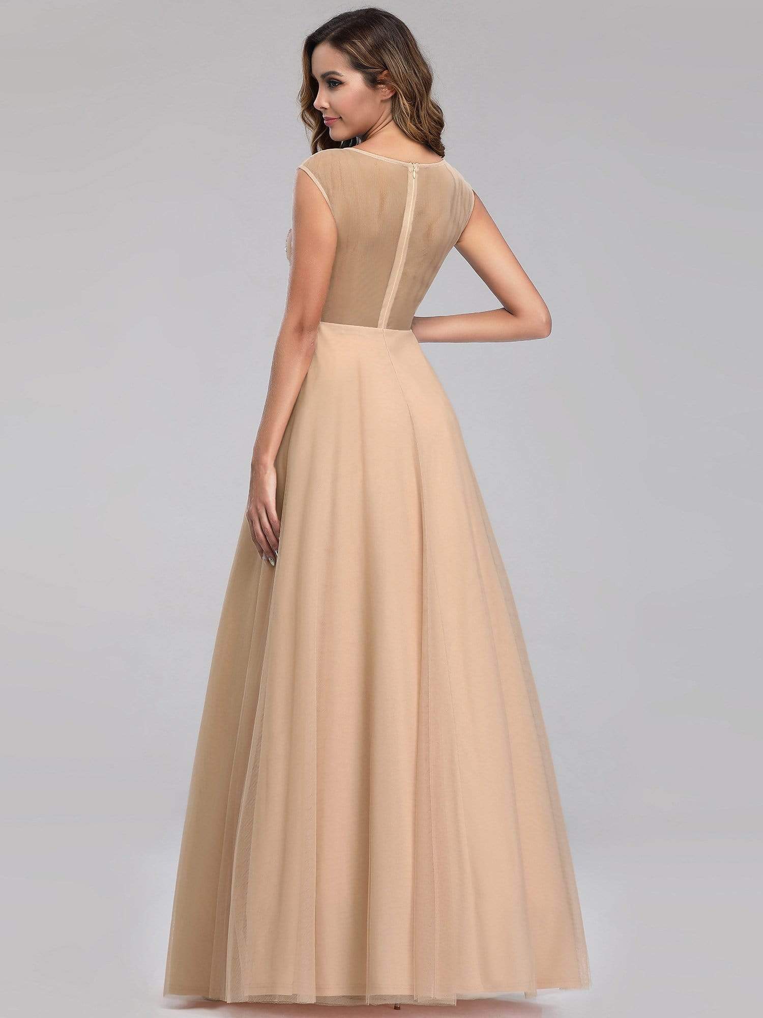 Color=Beige | Women'S A-Line See-Through Cap Sleeve Evening Dress-Beige 10