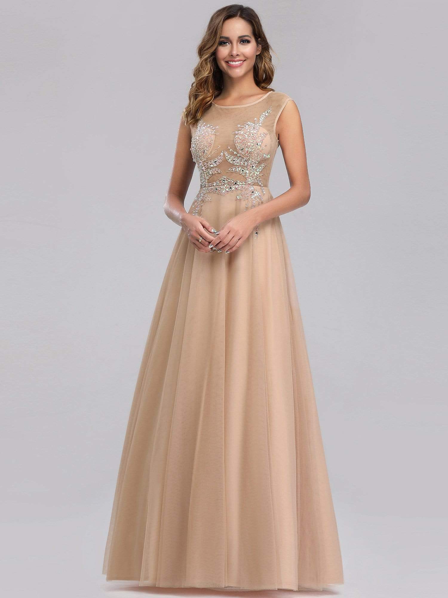 Color=Beige | Women'S A-Line See-Through Cap Sleeve Evening Dress-Beige 11