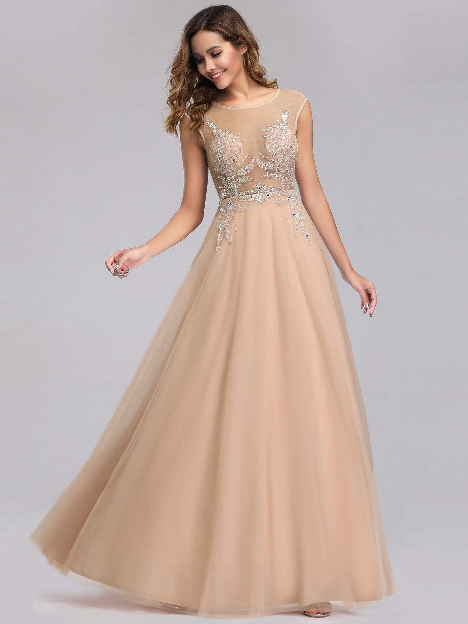 Color=Beige | Women'S A-Line See-Through Cap Sleeve Evening Dress-Beige 9