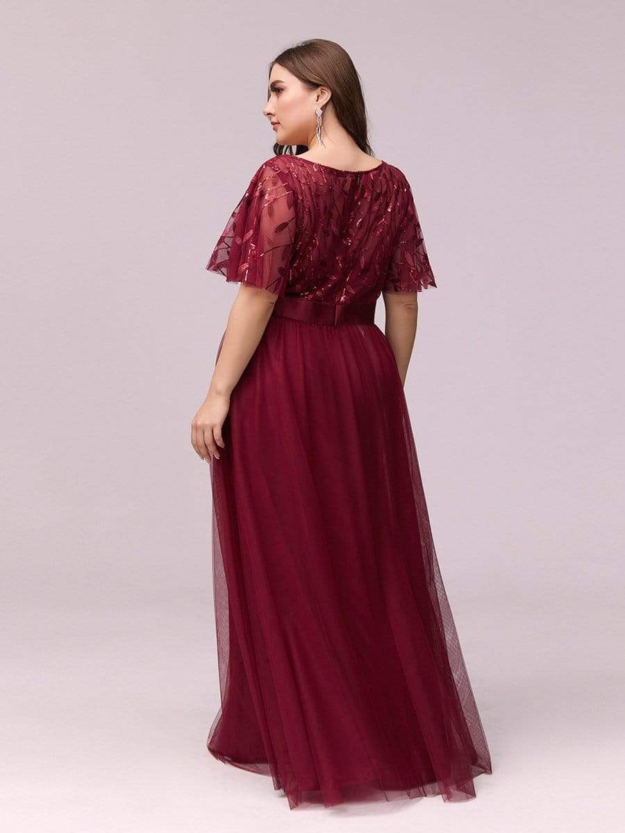 COLOR=Burgundy | Plus Size Women'S Embroidery Evening Dresses With Short Sleeve-Burgundy 2