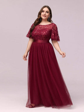 COLOR=Burgundy | Plus Size Women'S Embroidery Evening Dresses With Short Sleeve-Burgundy 3