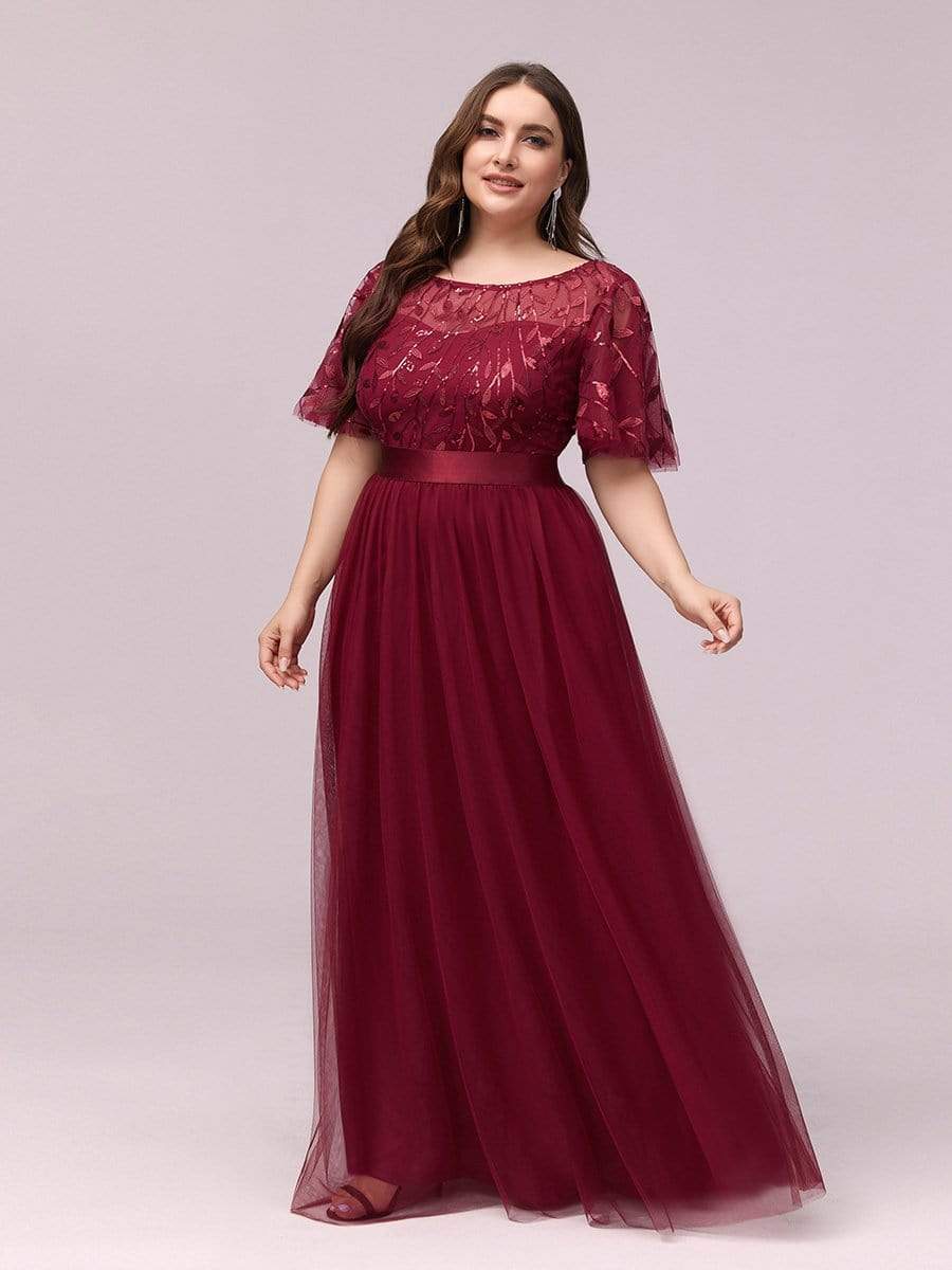 COLOR=Burgundy | Women'S A-Line Short Sleeve Embroidery Floor Length Evening Dresses-Burgundy 5