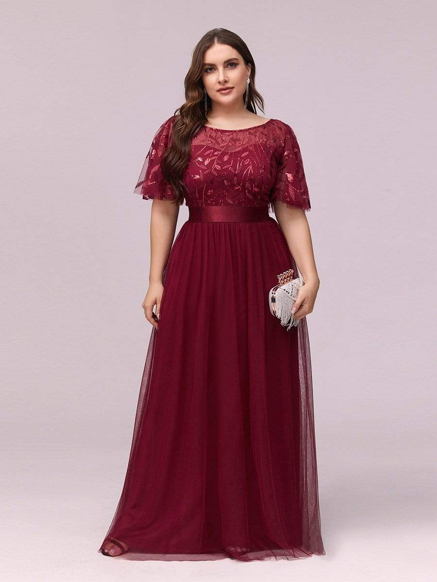 COLOR=Burgundy | Plus Size Women'S Embroidery Evening Dresses With Short Sleeve-Burgundy 4