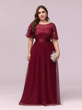 Color=Burgundy | Women'S A-Line Short Sleeve Embroidery Floor Length Evening Dresses-Burgundy 6