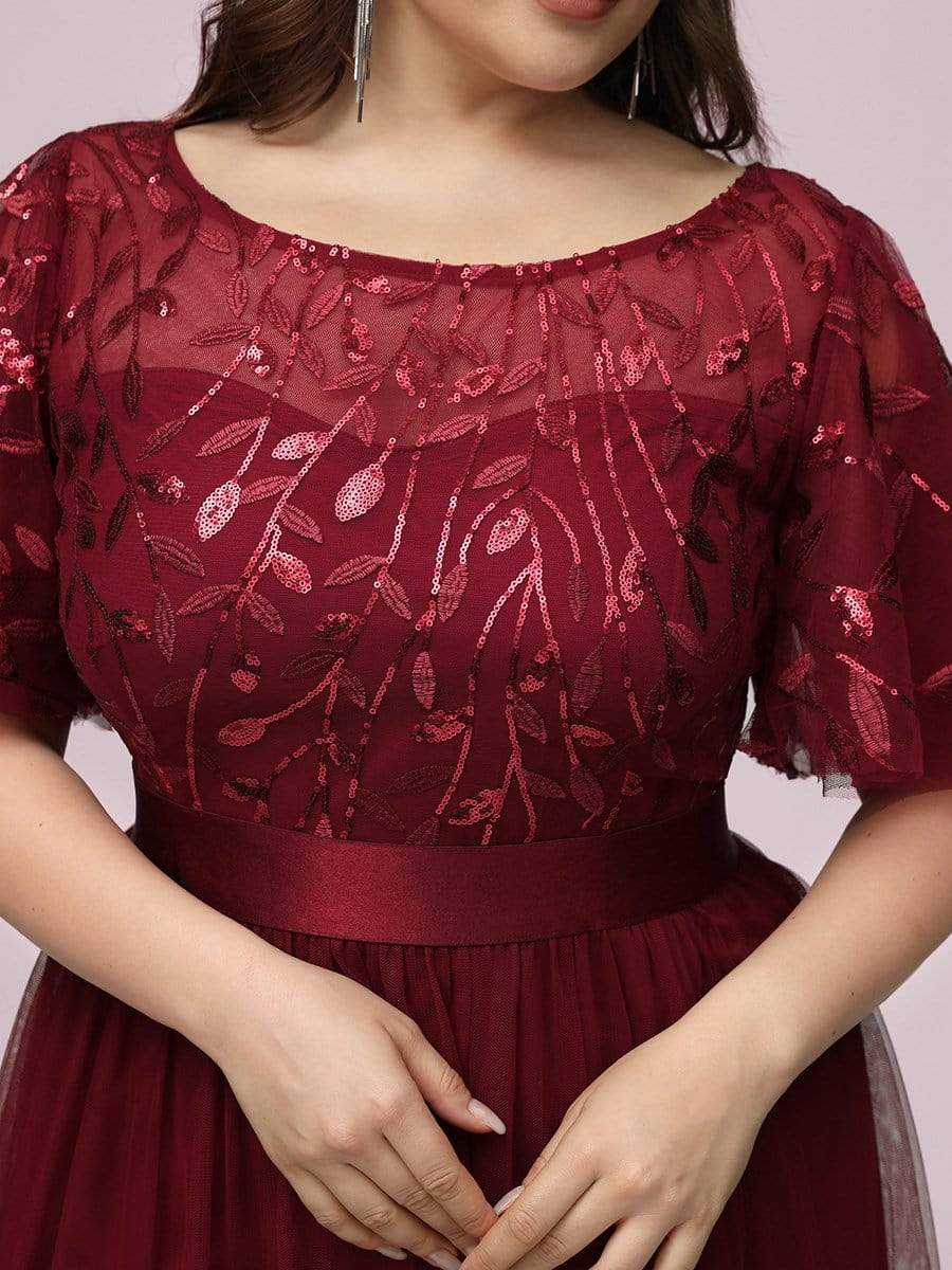 COLOR=Burgundy | Plus Size Women'S Embroidery Evening Dresses With Short Sleeve-Burgundy 5
