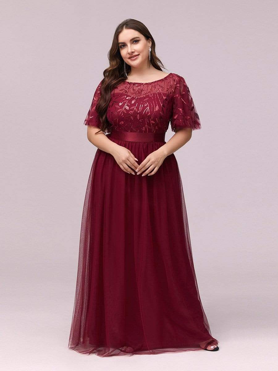 COLOR=Burgundy | Plus Size Women'S Embroidery Evening Dresses With Short Sleeve-Burgundy 1