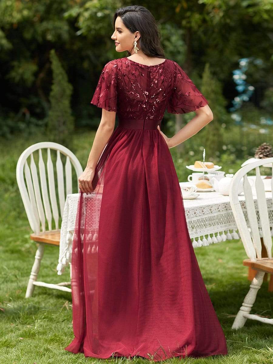 COLOR=Burgundy | Women'S A-Line Short Sleeve Embroidery Floor Length Evening Dresses-Burgundy 2