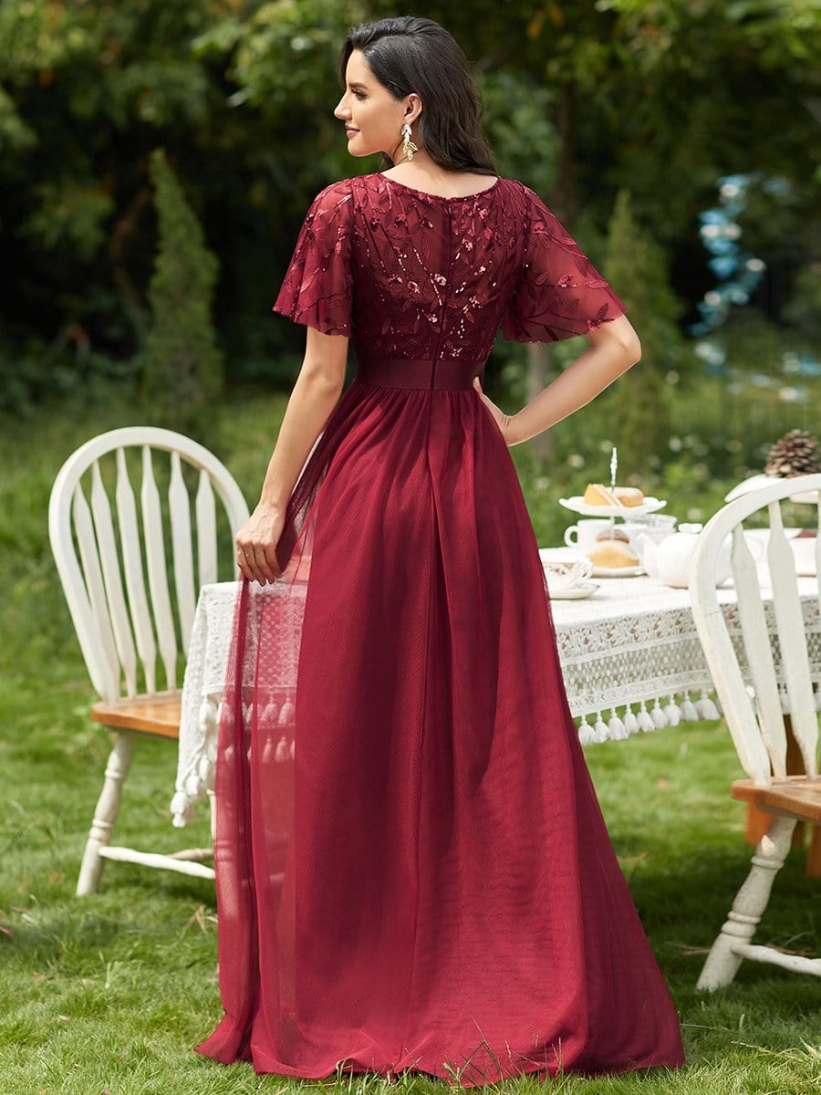 Color=Burgundy | Women'S A-Line Short Sleeve Embroidery Floor Length Evening Dresses-Burgundy 2