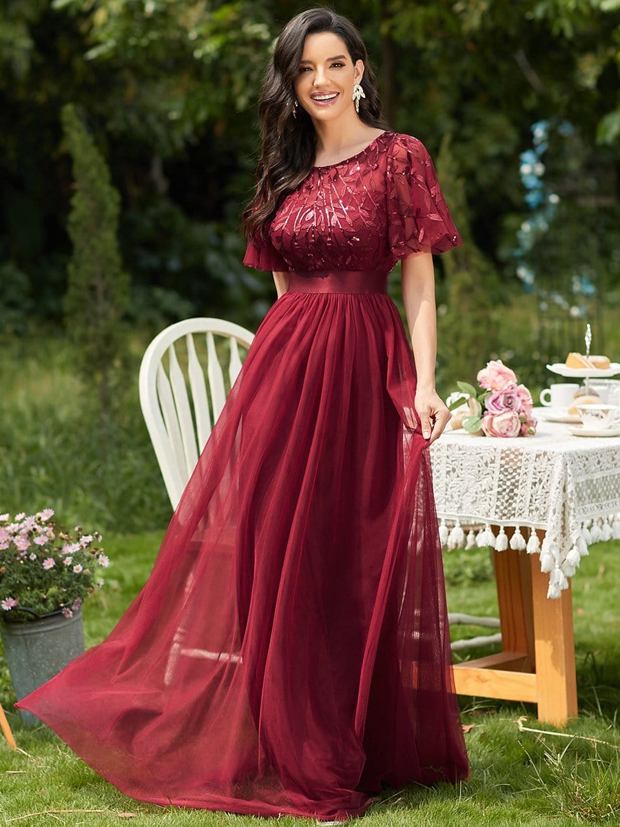 Color=Burgundy | Women'S A-Line Short Sleeve Embroidery Floor Length Evening Dresses-Burgundy 1