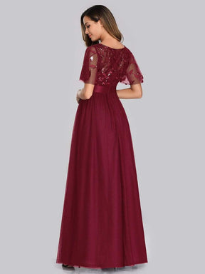 COLOR=Burgundy | Women'S A-Line Short Sleeve Embroidery Floor Length Evening Dresses-Burgundy 5