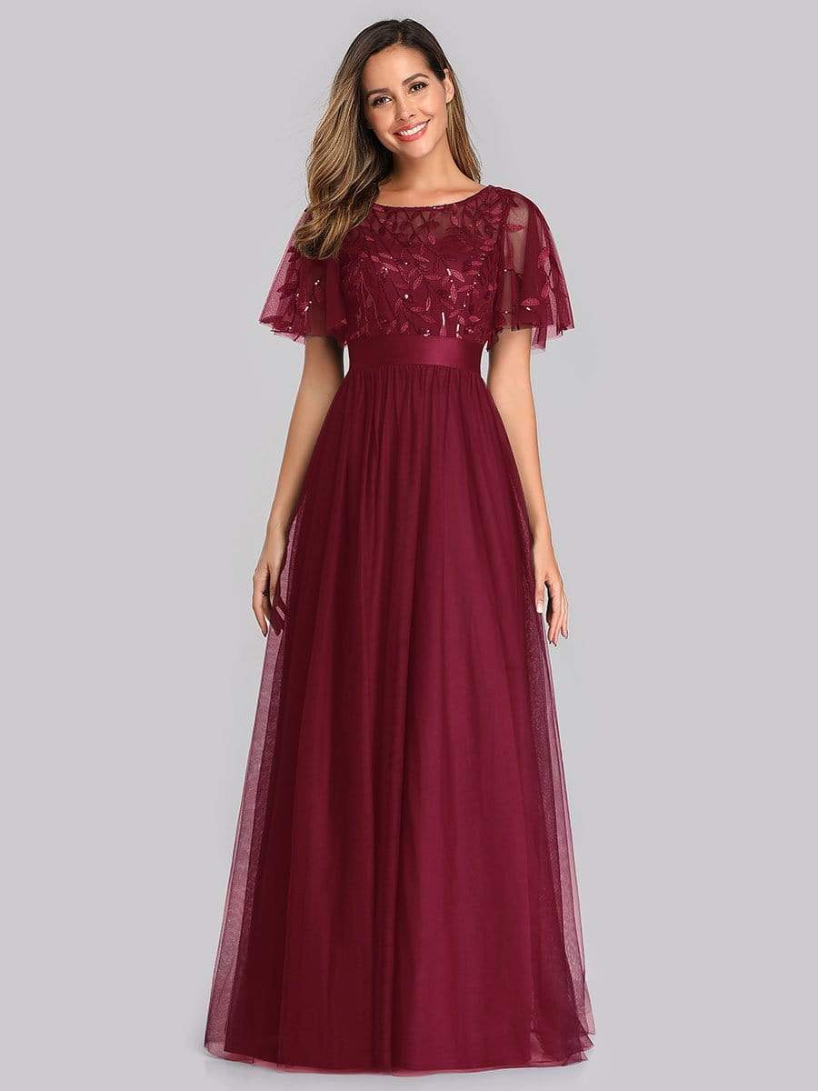 COLOR=Burgundy | Women'S A-Line Short Sleeve Embroidery Floor Length Evening Dresses-Burgundy 3