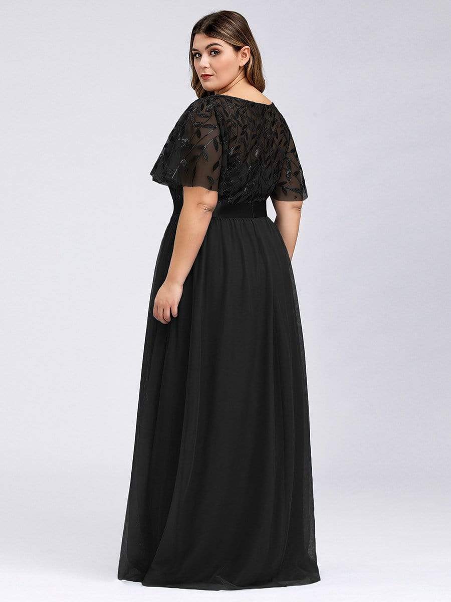 Color=Black | Plus Size Women'S Embroidery Evening Dresses With Short Sleeve-Black 2