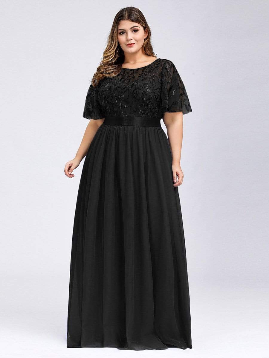 Color=Black | Plus Size Women'S Embroidery Evening Dresses With Short Sleeve-Black 4