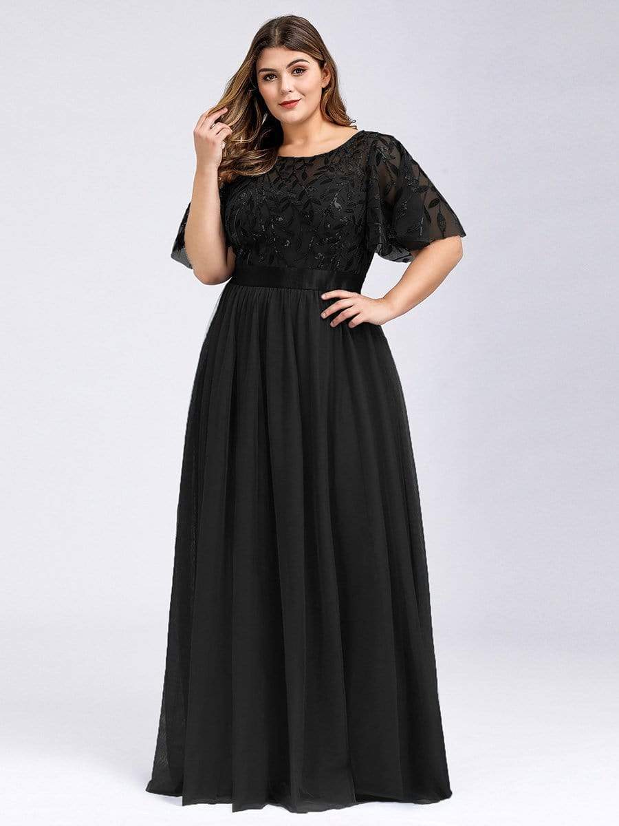 Color=Black | Plus Size Women'S Embroidery Evening Dresses With Short Sleeve-Black 1