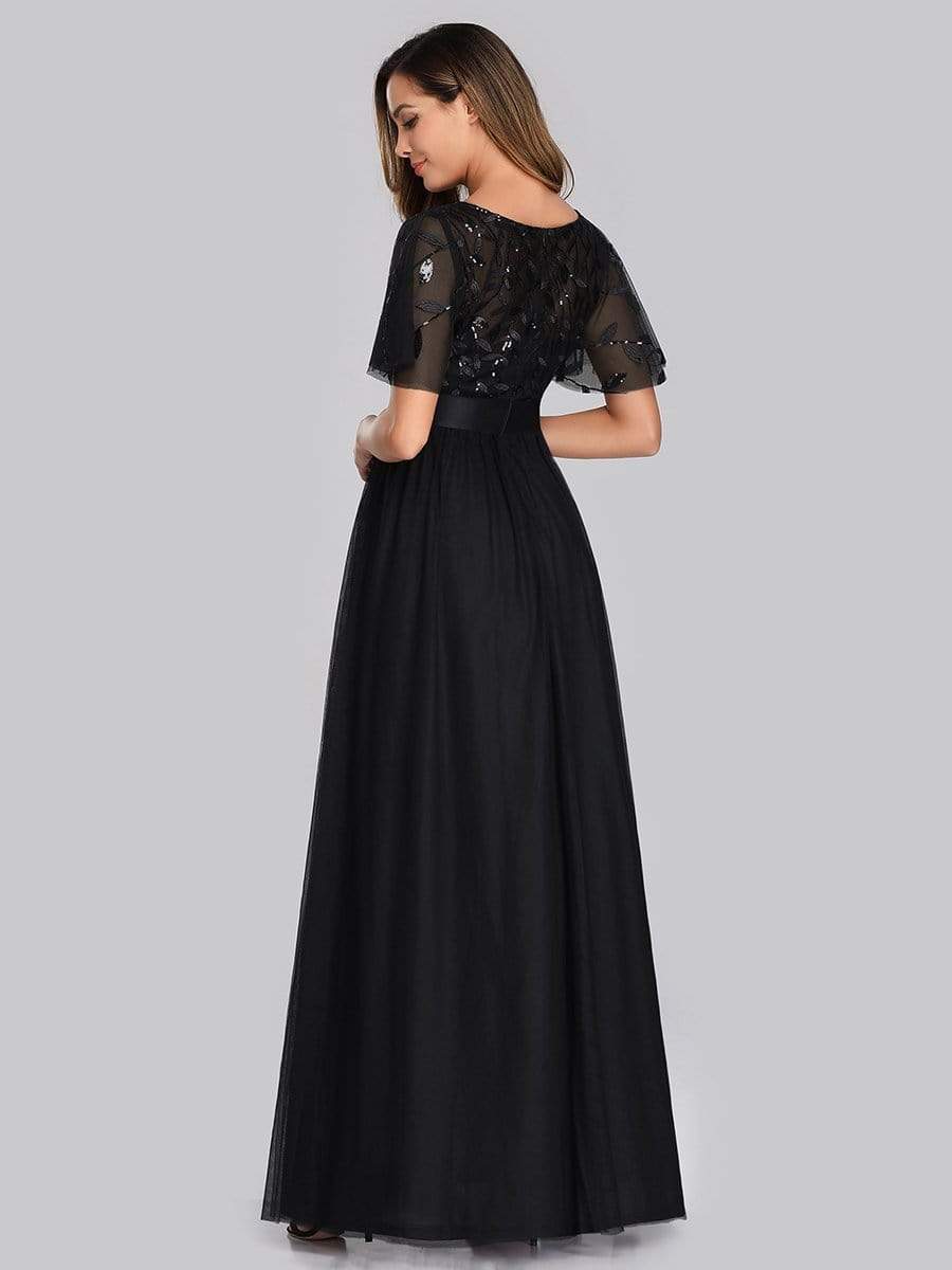 Color=Black | Women'S A-Line Short Sleeve Embroidery Floor Length Evening Dresses-Black 2