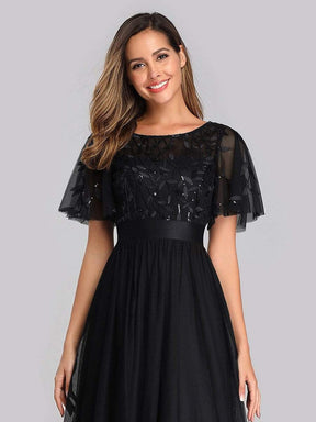 Color=Black | Women'S A-Line Short Sleeve Embroidery Floor Length Evening Dresses-Black 5
