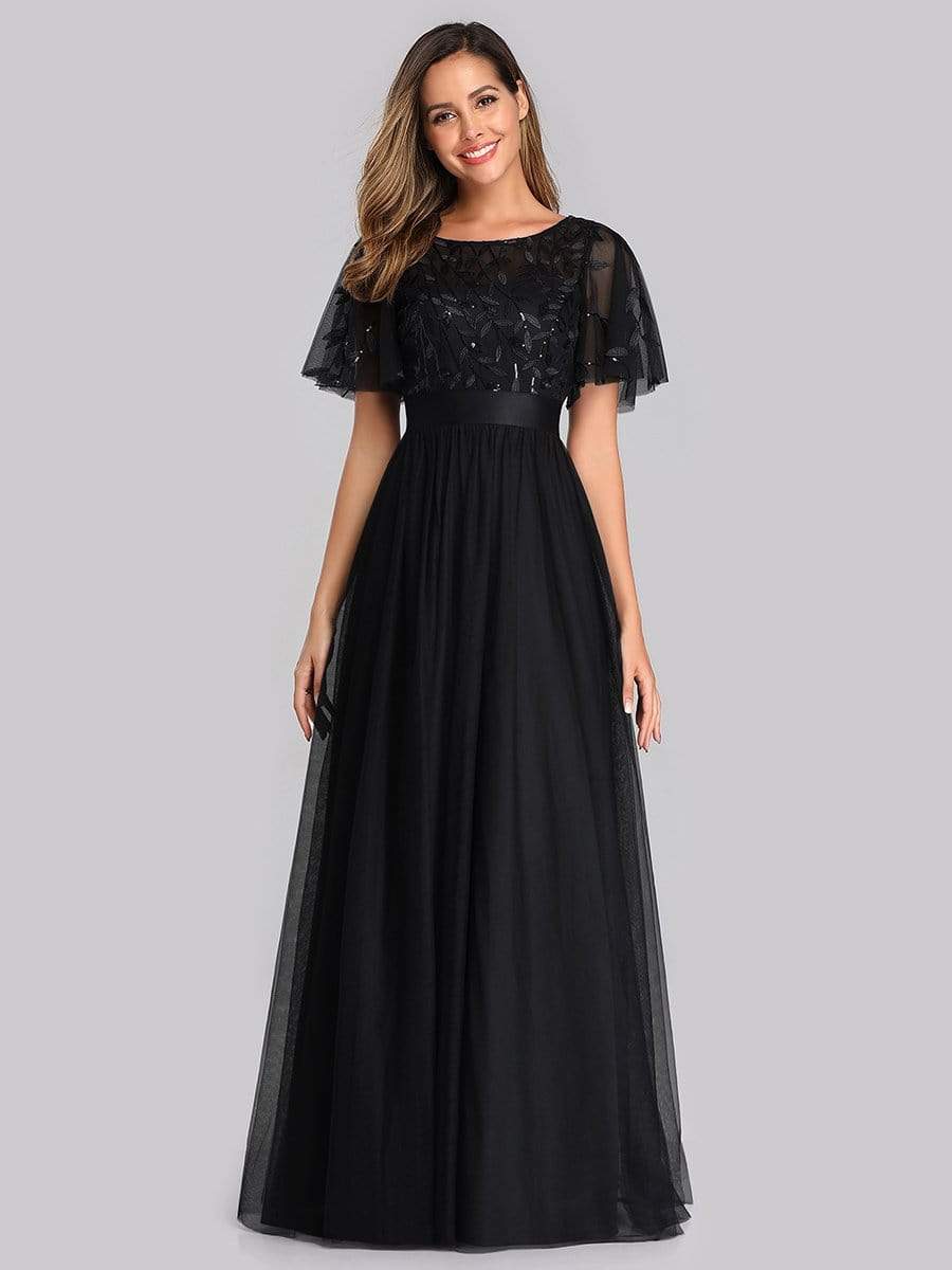 Color=Black | Women'S A-Line Short Sleeve Embroidery Floor Length Evening Dresses-Black 1