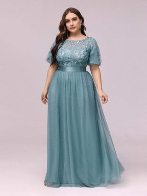 COLOR=Dusty Blue | Plus Size Women'S Embroidery Evening Dresses With Short Sleeve-Dusty Blue 3