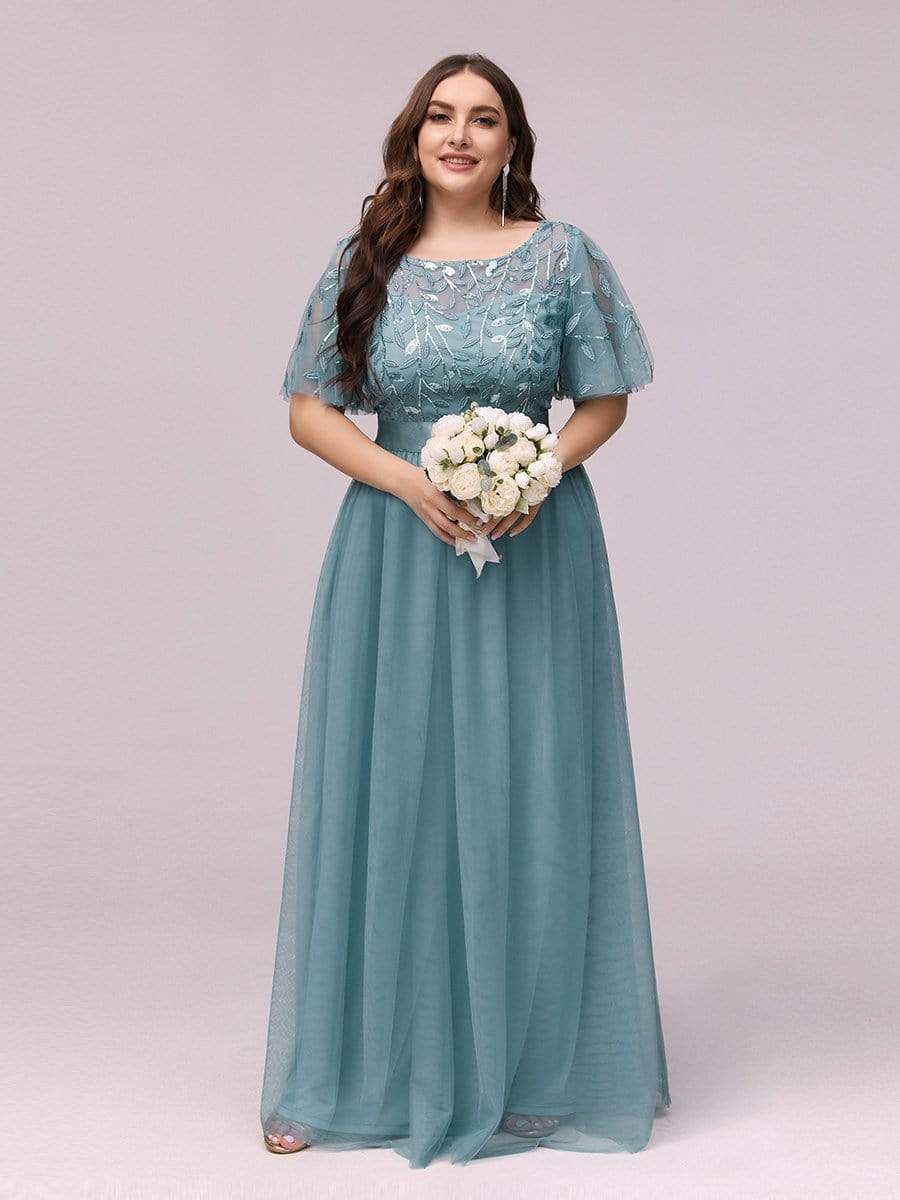 COLOR=Dusty Blue | Plus Size Women'S Embroidery Evening Dresses With Short Sleeve-Dusty Blue 4