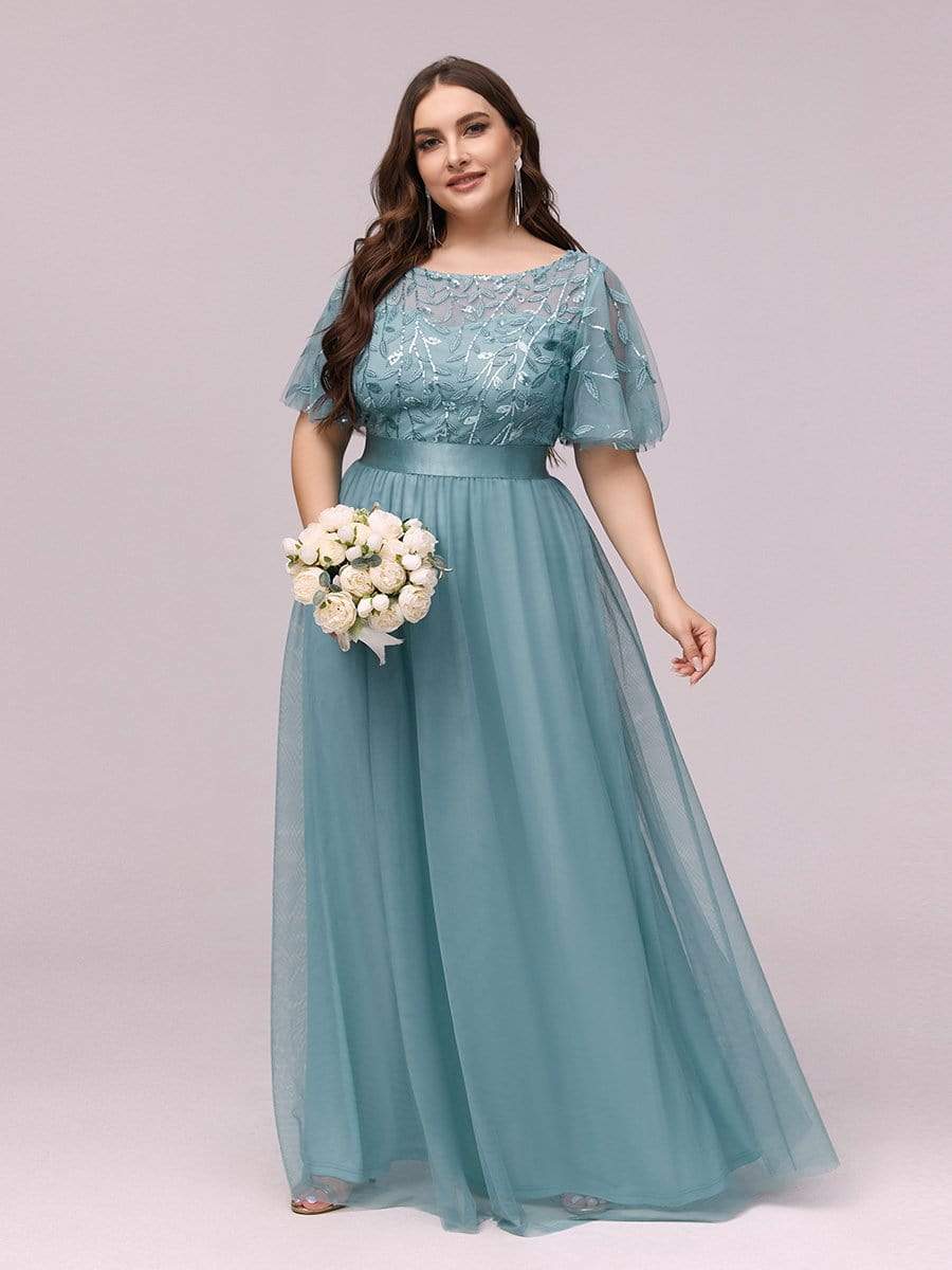 COLOR=Dusty Blue | Women'S A-Line Short Sleeve Embroidery Floor Length Evening Dresses-Dusty Blue 6