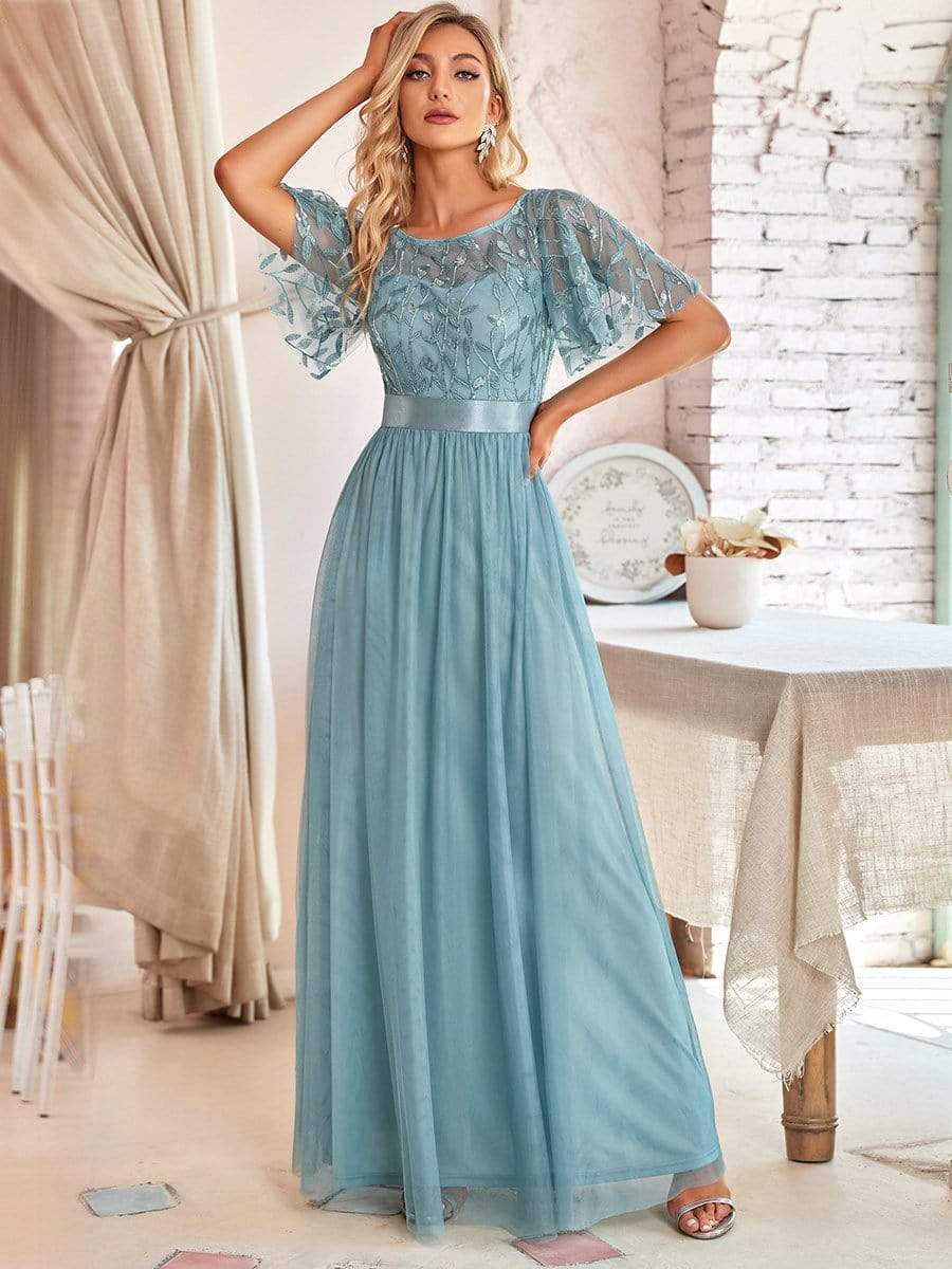 COLOR=Dusty Blue | Women'S A-Line Short Sleeve Embroidery Floor Length Evening Dresses-Dusty Blue 1
