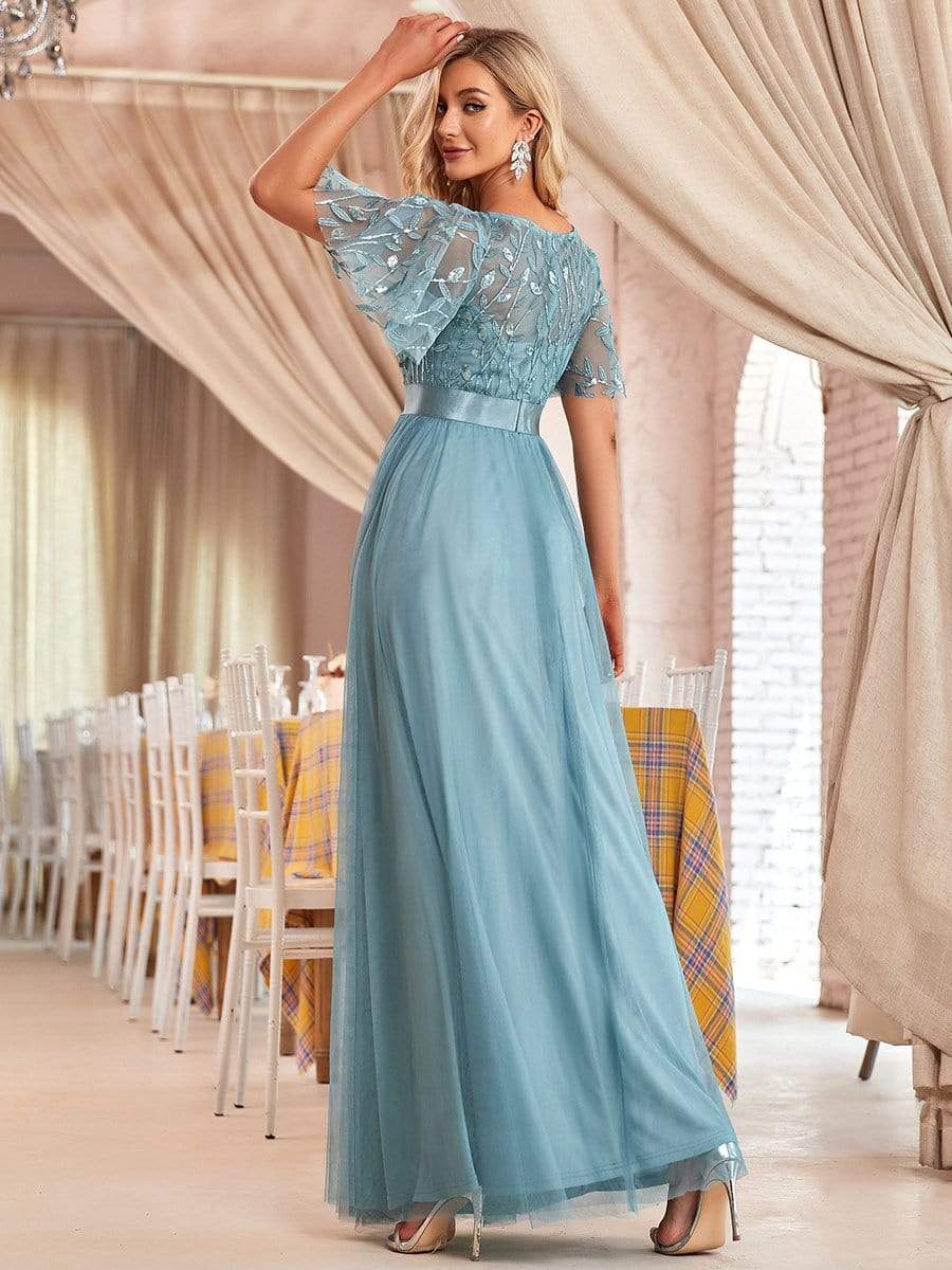 COLOR=Dusty Blue | Women'S A-Line Short Sleeve Embroidery Floor Length Evening Dresses-Dusty Blue 2