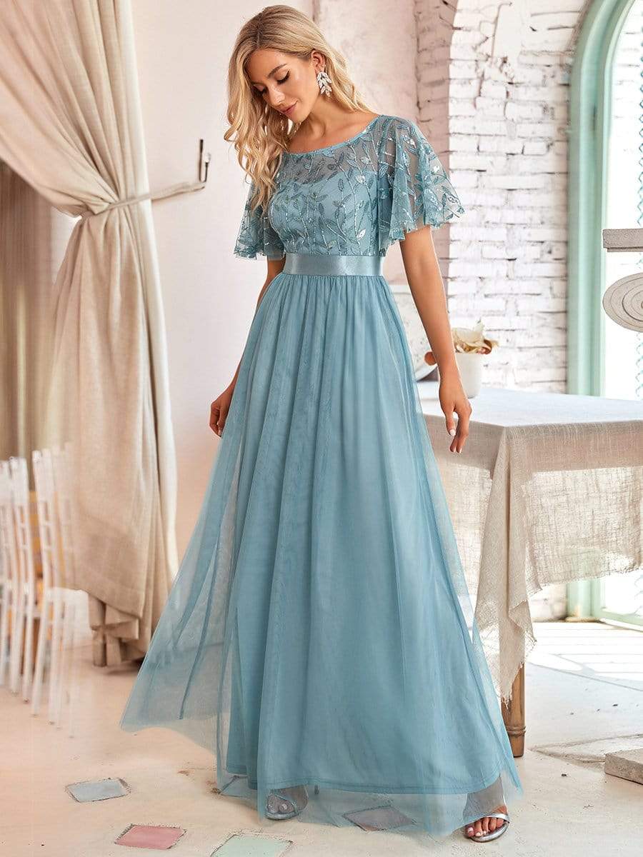 COLOR=Dusty Blue | Women'S A-Line Short Sleeve Embroidery Floor Length Evening Dresses-Dusty Blue 3