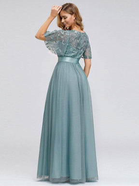 COLOR=Dusty Blue | Women'S A-Line Short Sleeve Embroidery Floor Length Evening Dresses-Dusty Blue 5