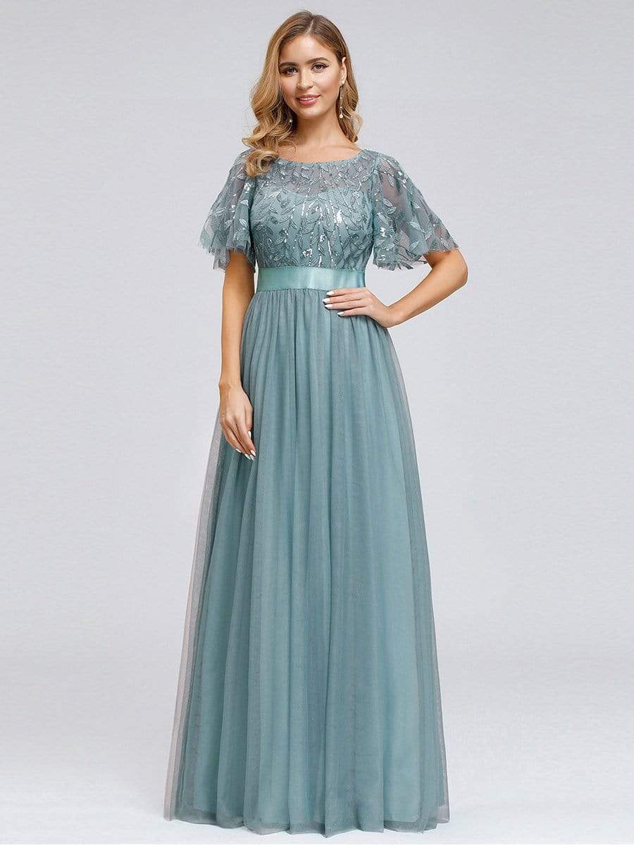 COLOR=Dusty Blue | Women'S A-Line Short Sleeve Embroidery Floor Length Evening Dresses-Dusty Blue 4