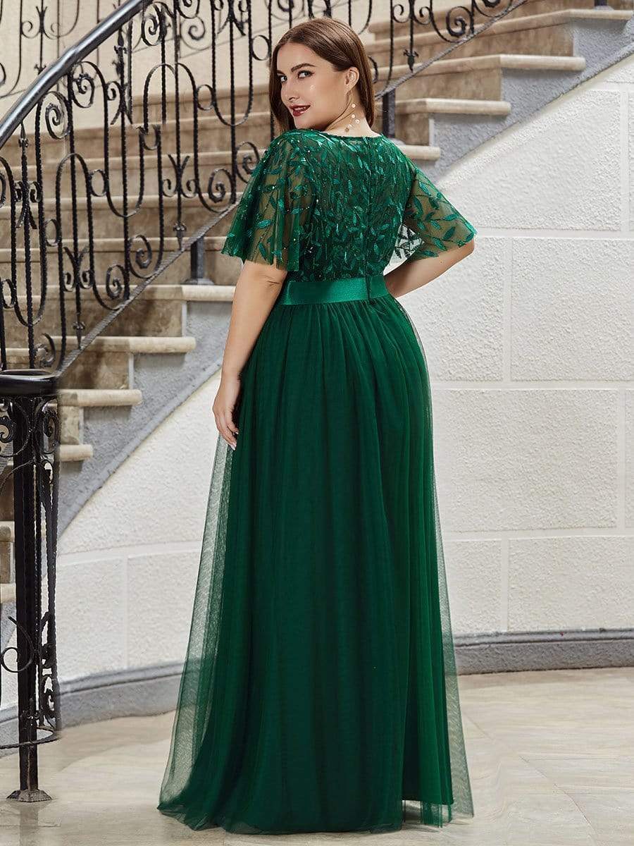 Color=Dark Green | Plus Size Women'S Embroidery Evening Dresses With Short Sleeve-Dark Green 2