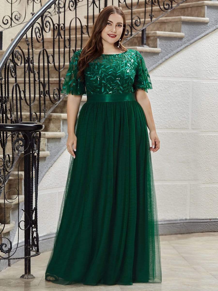 Color=Dark Green | Plus Size Women'S Embroidery Evening Dresses With Short Sleeve-Dark Green 4