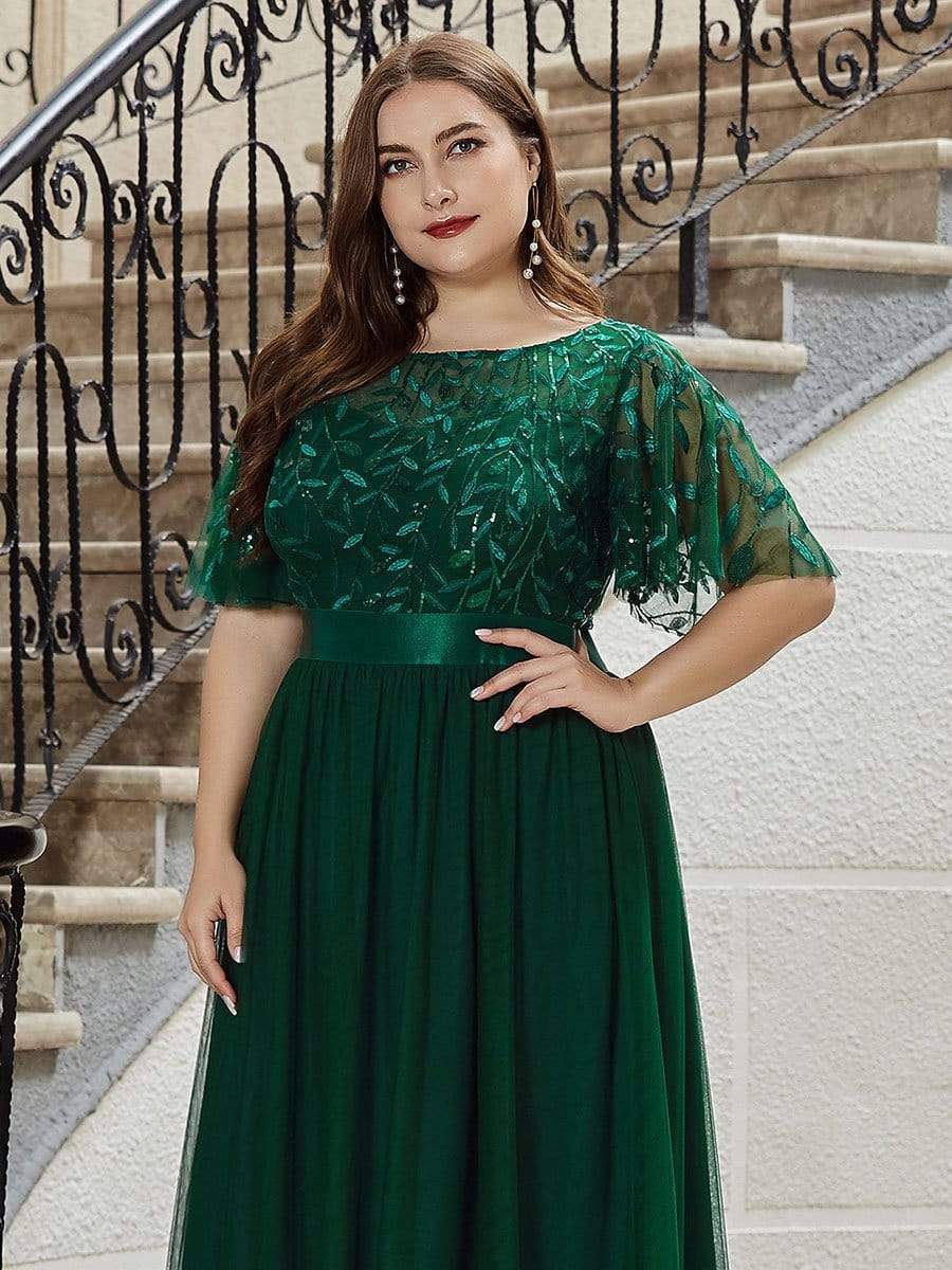 Color=Dark Green | Plus Size Women'S Embroidery Evening Dresses With Short Sleeve-Dark Green 5