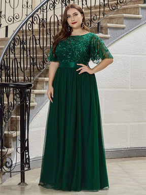 Color=Dark Green | Plus Size Women'S Embroidery Evening Dresses With Short Sleeve-Dark Green 1