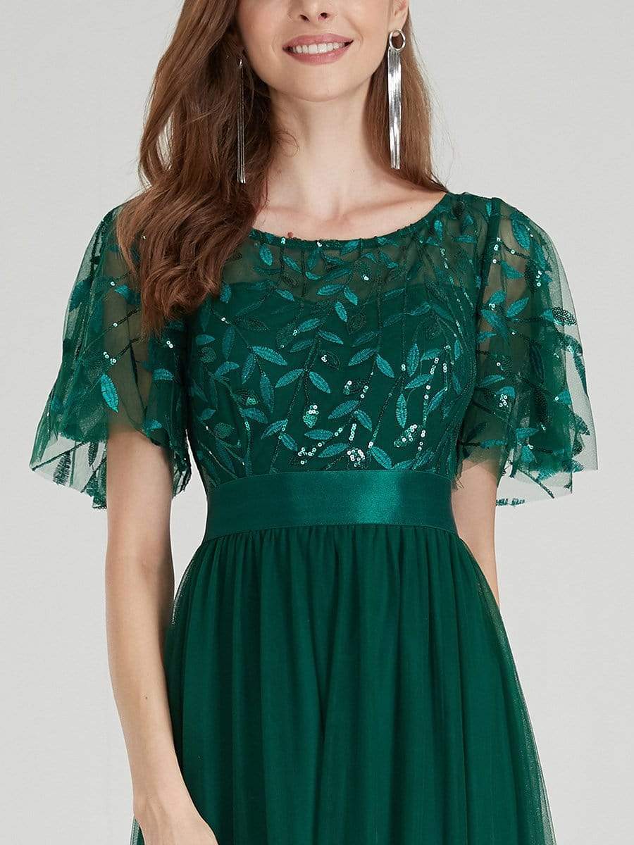 Color=Dark Green | Women'S A-Line Short Sleeve Embroidery Floor Length Evening Dresses-Dark Green 6