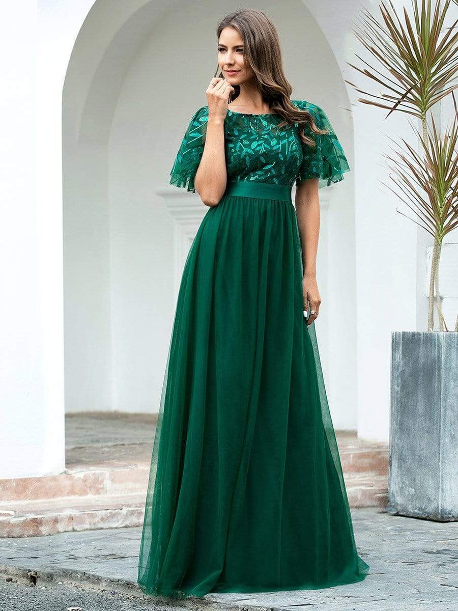 Color=Dark Green | Women'S A-Line Short Sleeve Embroidery Floor Length Evening Dresses-Dark Green 10