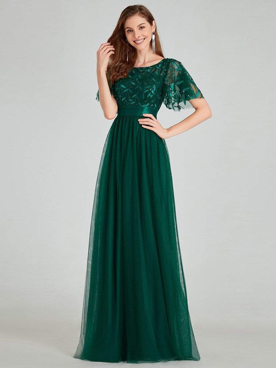 Color=Dark Green | Women'S A-Line Short Sleeve Embroidery Floor Length Evening Dresses-Dark Green 1